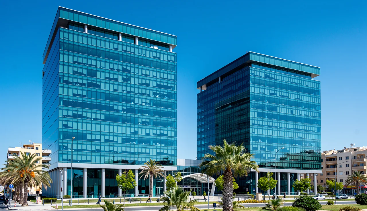 Façade d'immeubles de bureaux à Chypre symbolisant les différentes formes de sociétés